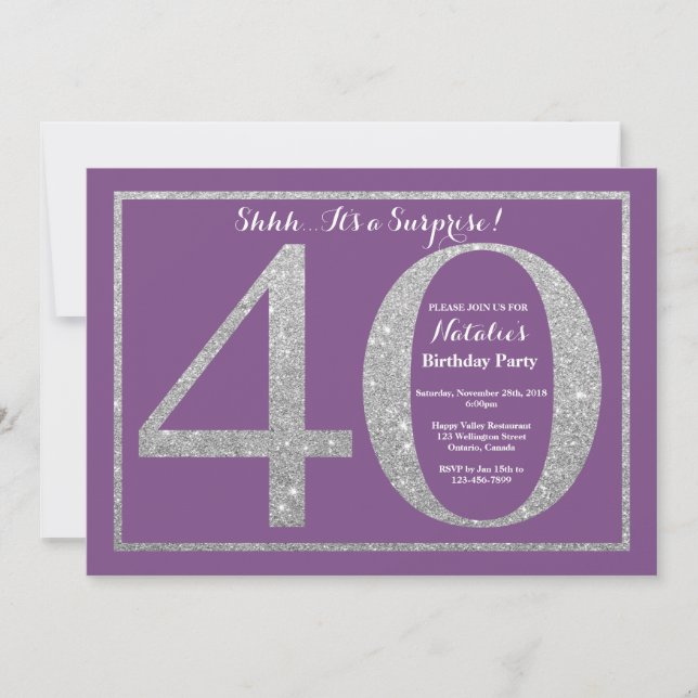 Surprise 40th Birthday Purple and Silver Glitter Invitation (Front)