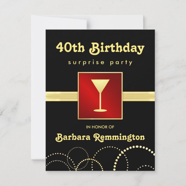 Surprise 40th Birthday Red Black Gold Invitations (Front)