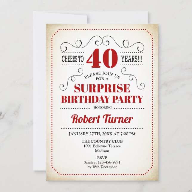 Surprise 40th Birthday - Red White Black Invitation (Front)