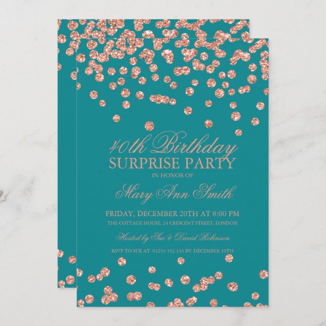 Surprise 40th Birthday Rose Gold Glitter Teal Invitation (Front/Back)