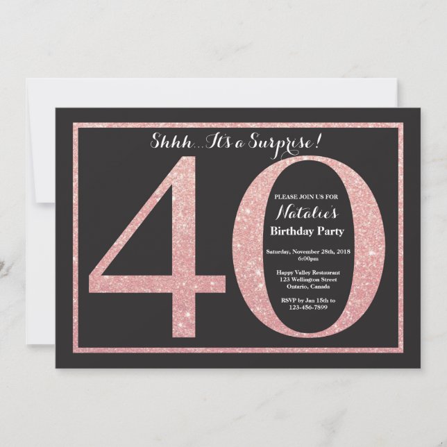 Surprise 40th Birthday Rose Pink Gold Glitter Invitation (Front)
