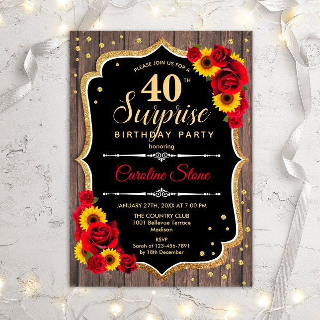 Surprise 40th Birthday - Rustic Wood Sunflowers Invitation (Creator Uploaded)
