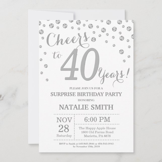 Surprise 40th Birthday Silver Glitter Diamond Invitation (Front)