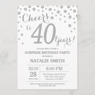 Surprise 40th Birthday Silver Glitter Diamond Invitation
