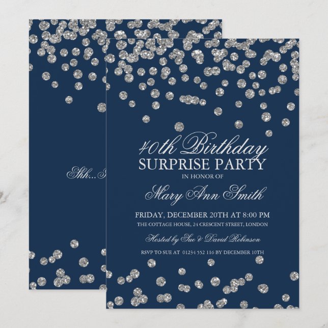 Surprise 40th Birthday Silver Glitter Navy Blue Invitation (Front/Back)