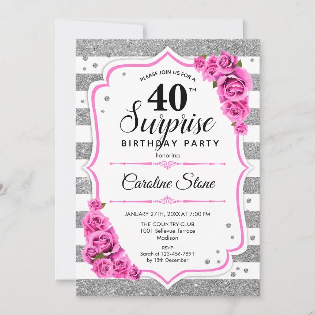 Surprise 40th Birthday - Silver White Pink Invitation (Front)
