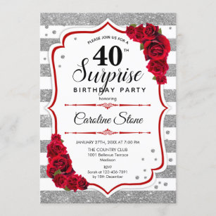 Surprise 40th Birthday - Silver White Red Invitation