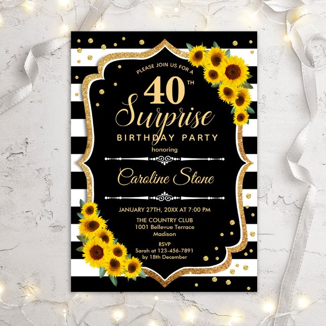 Surprise 40th Birthday - Sunflowers Black Gold Invitation (Creator Uploaded)