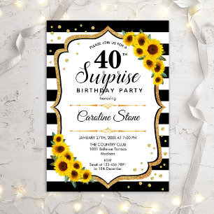Surprise 40th Birthday - Sunflowers Black White Invitation