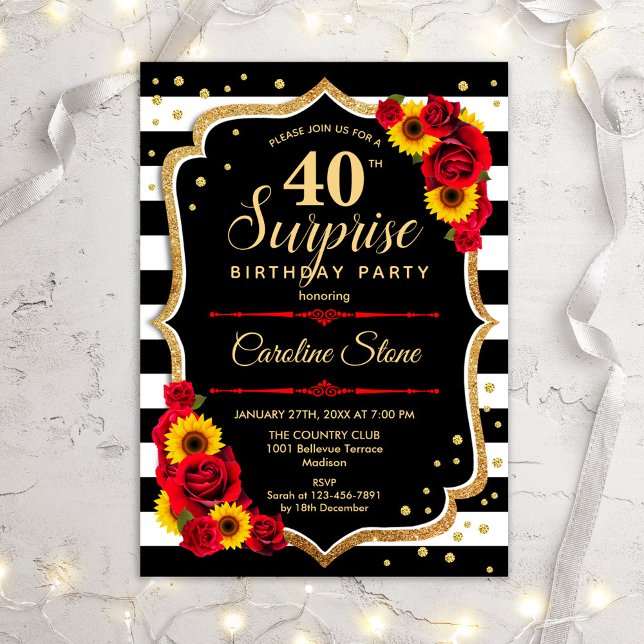 Surprise 40th Birthday - Sunflowers Red Roses Invitation (Creator Uploaded)