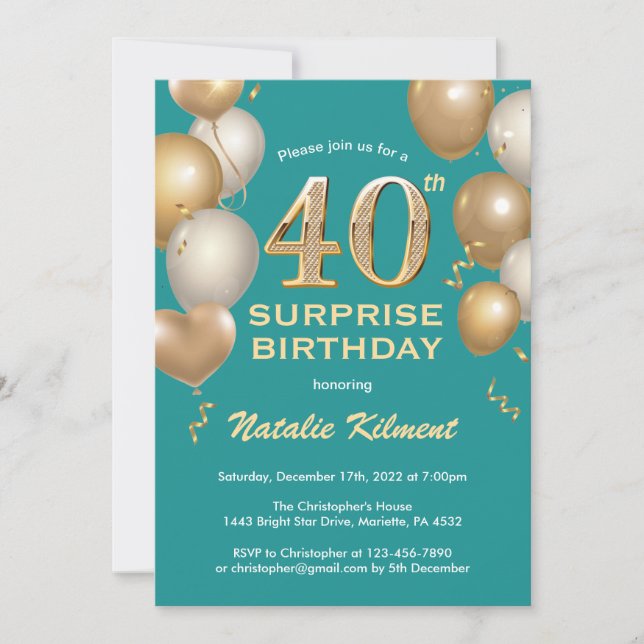 Surprise 40th Birthday Teal and Gold Balloons Invitation (Front)