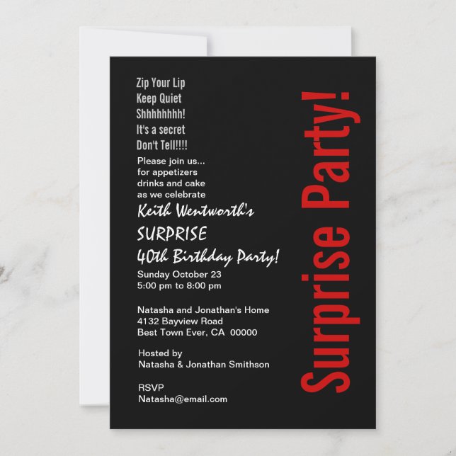 SURPRISE 40th Birthday Trendy Black White Red Invitation (Front)