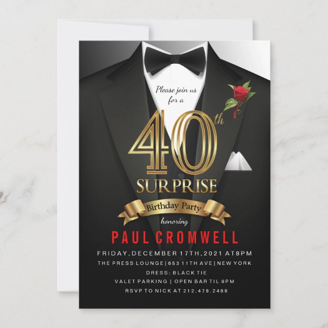 Surprise 40th Birthday Tuxedo Invitation (Front)