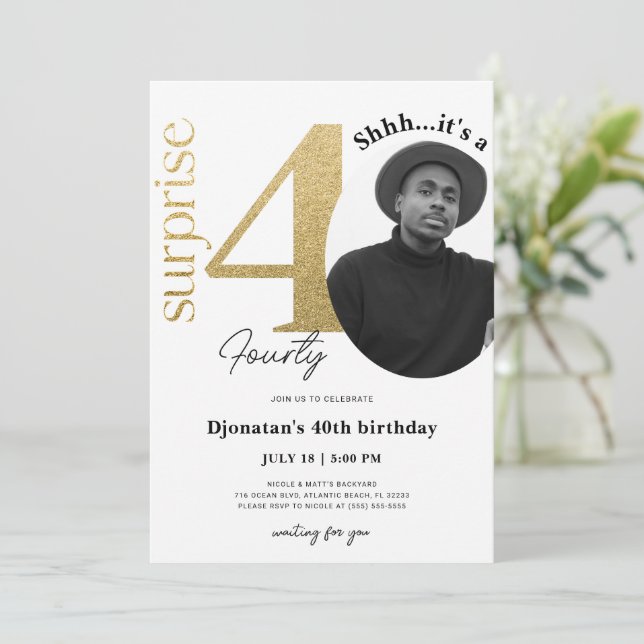 Surprise 40th Gold Birthday Invitation with Photo (Standing Front)
