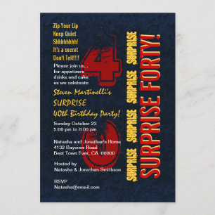 SURPRISE 40th Modern Birthday Red Gold Blue Invitation