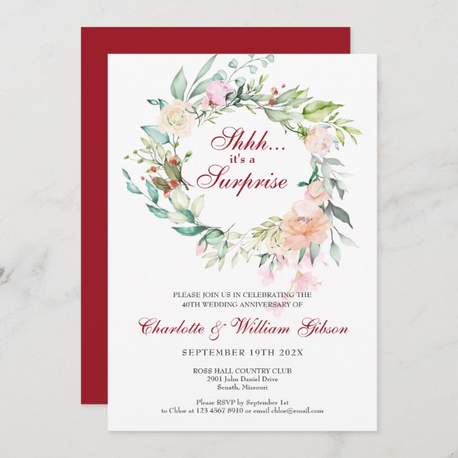 Surprise 40th Ruby Wedding Anniversary Party Invitation (Front/Back)