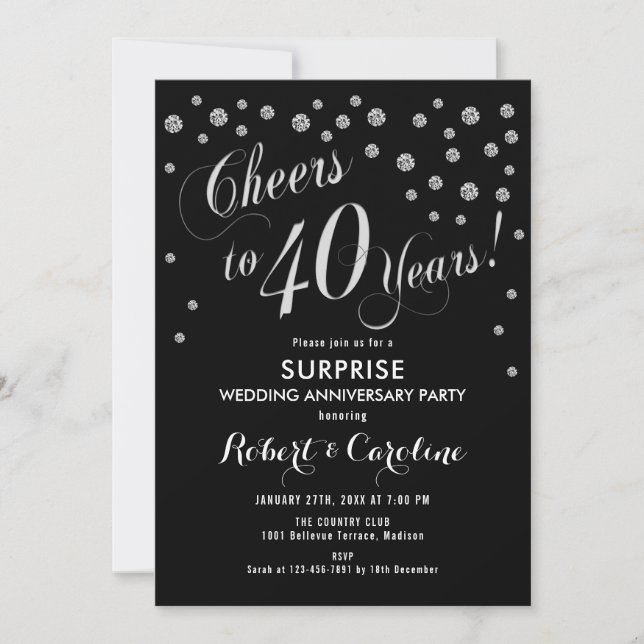 Surprise 40th Wedding Anniversary - Black & Silver Invitation (Front)
