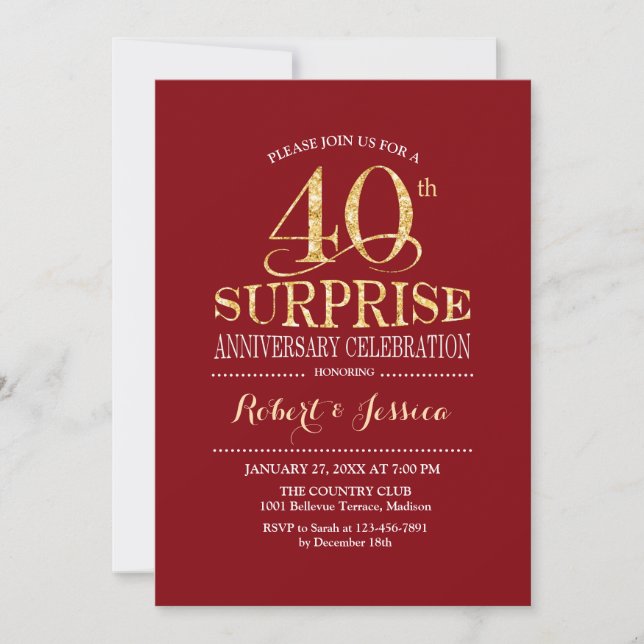 Surprise 40th Wedding Anniversary - Red Gold Invitation (Front)