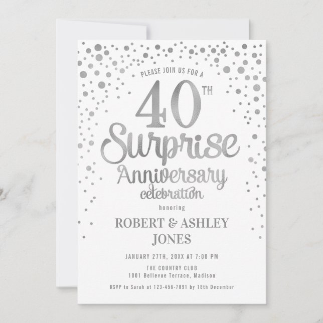 Surprise 40th Wedding Anniversary - Silver & White Invitation (Front)