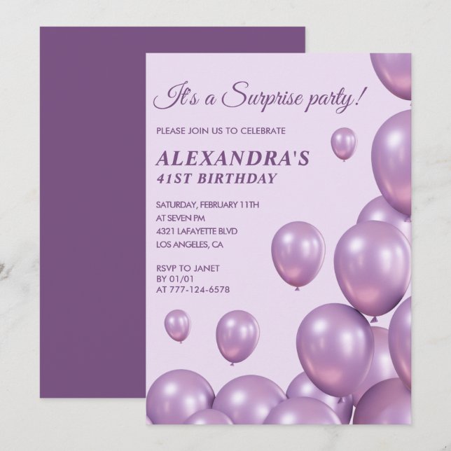 Surprise 41st birthday invitations Purple Balloons (Front/Back)