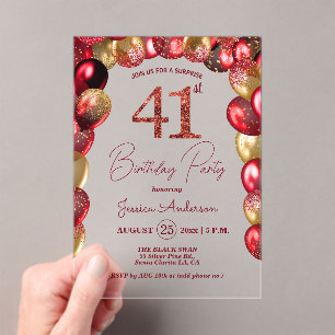 Surprise 41st Birthday Party Gold Burgundy Glitter Acrylic Invitations