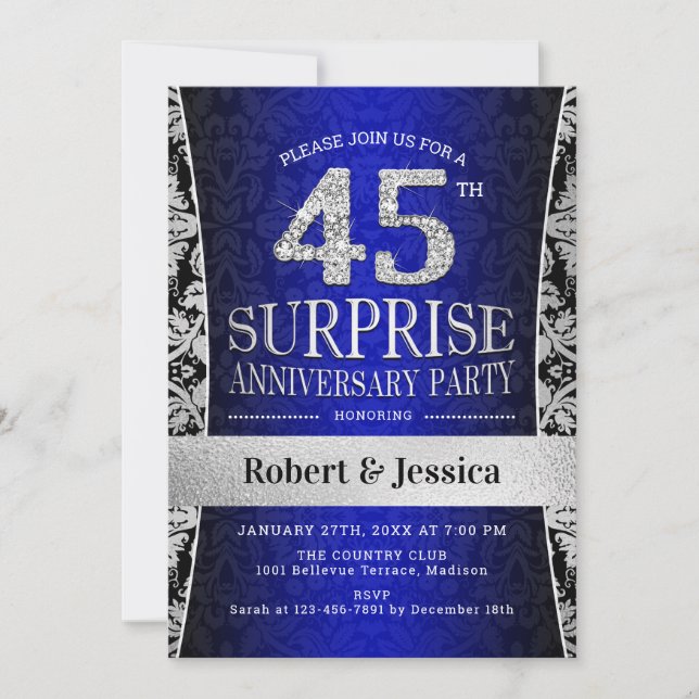 Surprise 45th Anniversary Party - Blue Silver Invitation (Front)