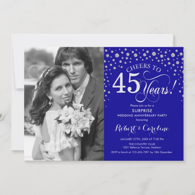 Surprise 45th Anniversary with Photo Blue Silver Invitation (Front)