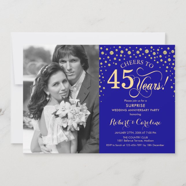 Surprise 45th Anniversary With Photo Sapphire Gold Invitation (Front)