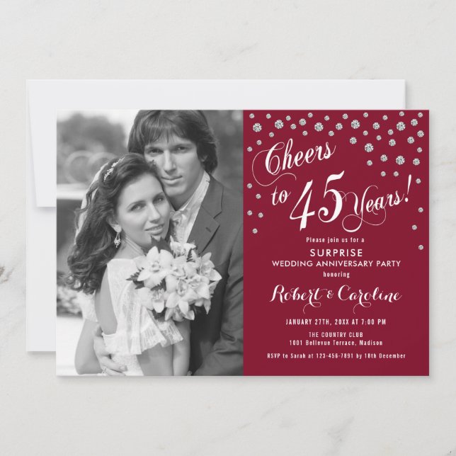Surprise 45th Anniversary with Photo Silver Red Invitation (Front)