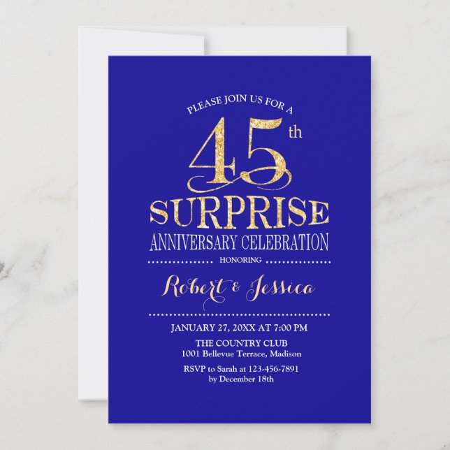 Surprise 45th Wedding Anniversary - Blue Gold Invitation (Front)