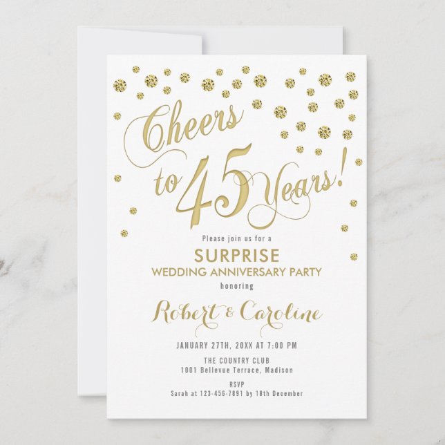 Surprise 45th Wedding Anniversary - White & Gold Invitation (Front)