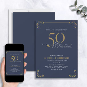 Surprise 50 & Fabulous Blue White & Gold Birthday Invitation