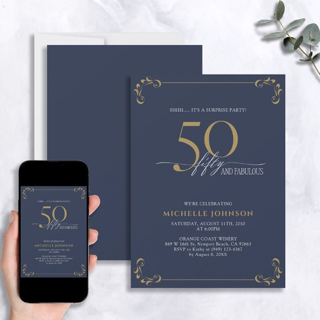 Surprise 50 & Fabulous Blue White & Gold Birthday Invitation (Creator Uploaded)