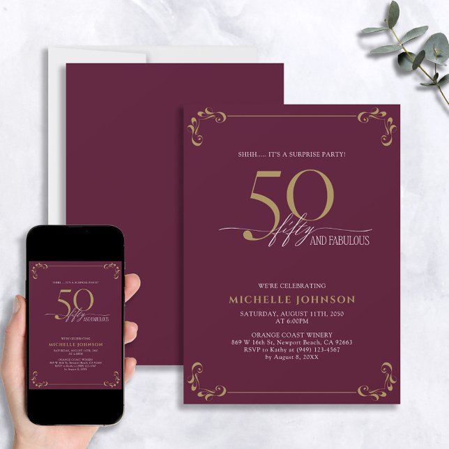 Surprise 50 & Fabulous Burgundy & Gold Birthday Invitation (Creator Uploaded)
