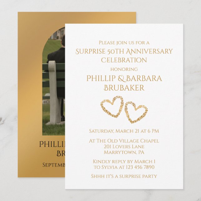 Surprise 50th Anniversary Simple Gold Heart Photo Invitation (Front/Back)