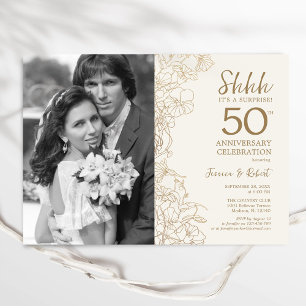 Surprise 50th Anniversary With Photo - Gold Floral Invitation