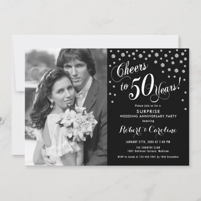 Surprise 50th Anniversary with Photo Silver Black Invitation (Front)