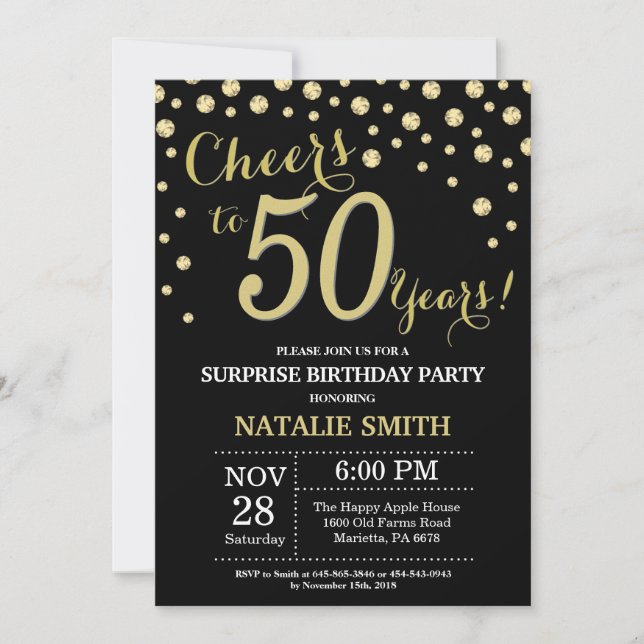 Surprise 50th Birthday Black and Gold Diamond Invitation (Front)