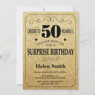 Surprise 50th Birthday Black and Gold Glitter Invitation