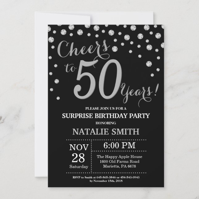 Surprise 50th Birthday Black and Silver Diamond Invitation (Front)