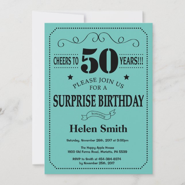Surprise 50th Birthday Black and Teal Invitation (Front)