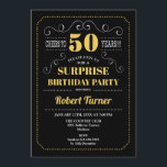 Surprise 50th Birthday - Black Gold Invitation<br><div class="desc">Surprise 50th Birthday Invitation
Elegant retro chalkboard black,  gold yellow and white design. Cheers to 50 years! Can be customized to show any age.</div>