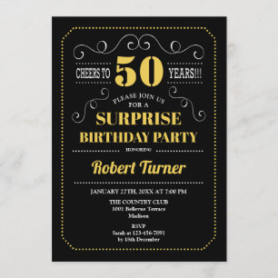 Surprise 50th Birthday - Black Gold Invitation