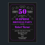 Surprise 50th Birthday - Black Purple Invitation<br><div class="desc">Surprise 50th Birthday Invitation
Elegant retro chalkboard black,  purple and white design. Cheers to 50 years! Can be customized to show any age.</div>