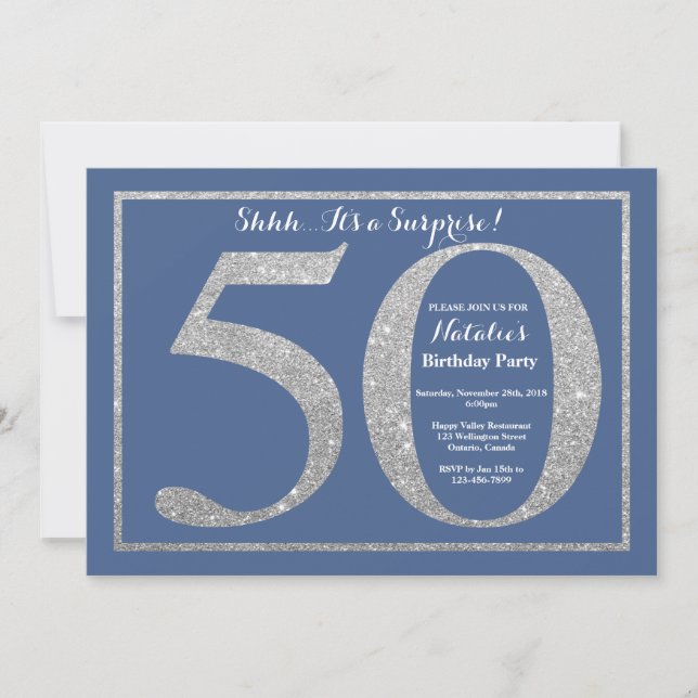 Surprise 50th Birthday Blue and Silver Glitter Invitation (Front)