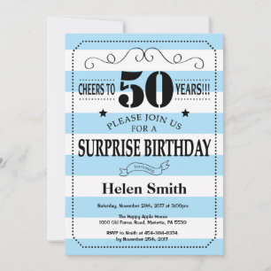 Surprise 50th Birthday Blue and White Stripes Invitation