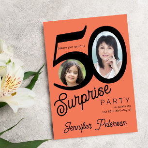 Surprise 50th birthday bright orange black photo invitation