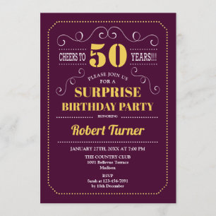 Surprise 50th Birthday - Burgundy Gold Invitation