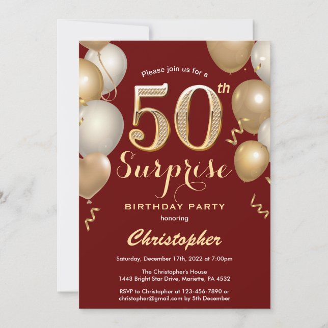 Surprise 50th Birthday Dark Red and Gold Balloons Invitation (Front)