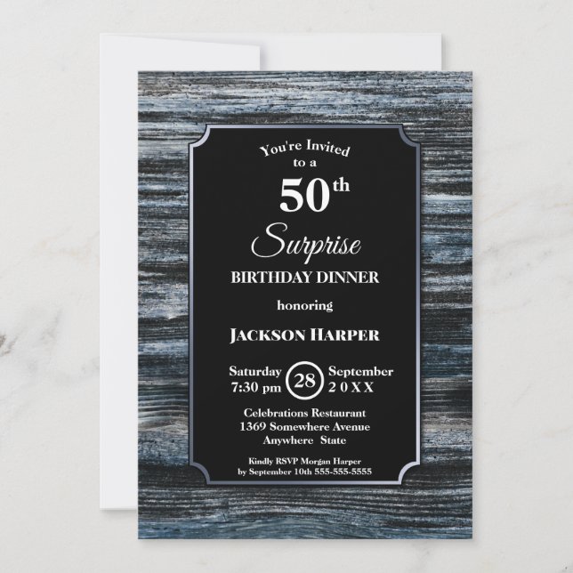 Surprise 50th Birthday Dinner Wood Party Invitation (Front)